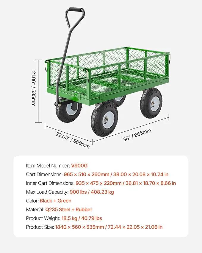 VEVOR 900 Lbs Steel Garden Cart on Wheels, Heavy Duty Pullable Garden Wagon Yard Cart, Outdoor Metal Utility Wagon with 10" Tires and Mesh Removable Sides(Convert to Flatbed), and 180°Rotating Handle by GreenHaven Gardens
