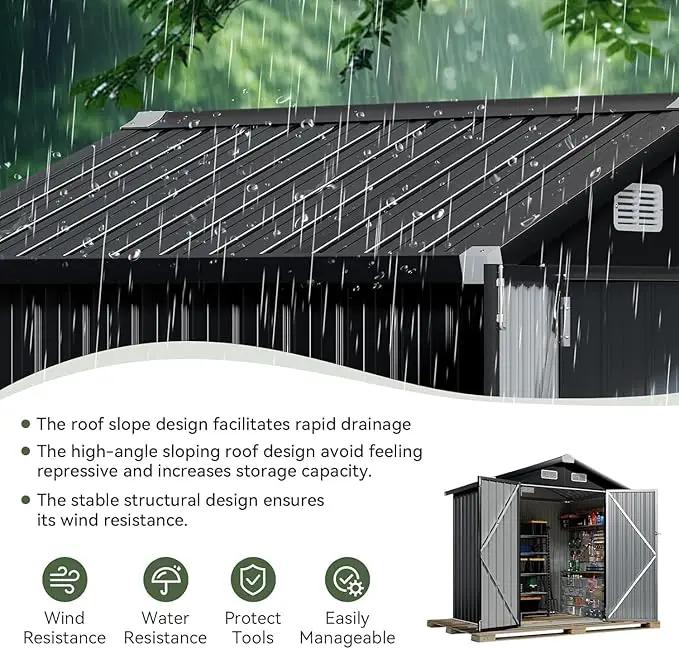 Aoxun 6'x4' Outdoor Storage Shed with Base Galvanized Steel Metal Garden Shed for Patio, Lawn & Garden Black, 6' x 4'W/Base by GreenHaven Gardens