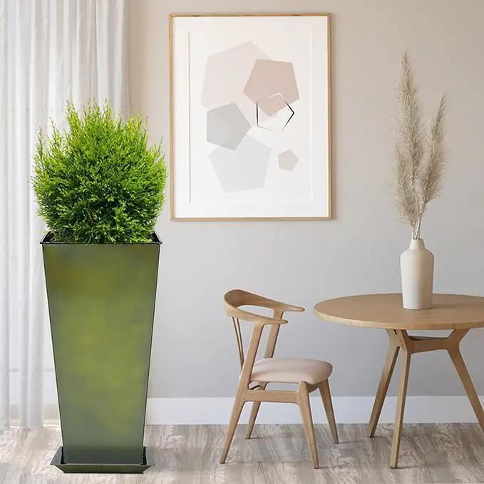 KOL Galvanized Steel Planter 25''H. with Saucer, Bright Glazed Planter with Drainage Hole, Set of 2, Tall Pots for Indoor & Outdoor Use, Decorative Flower Plant Pots for Porch, Patio, Deck - Green by GreenHaven Gardens