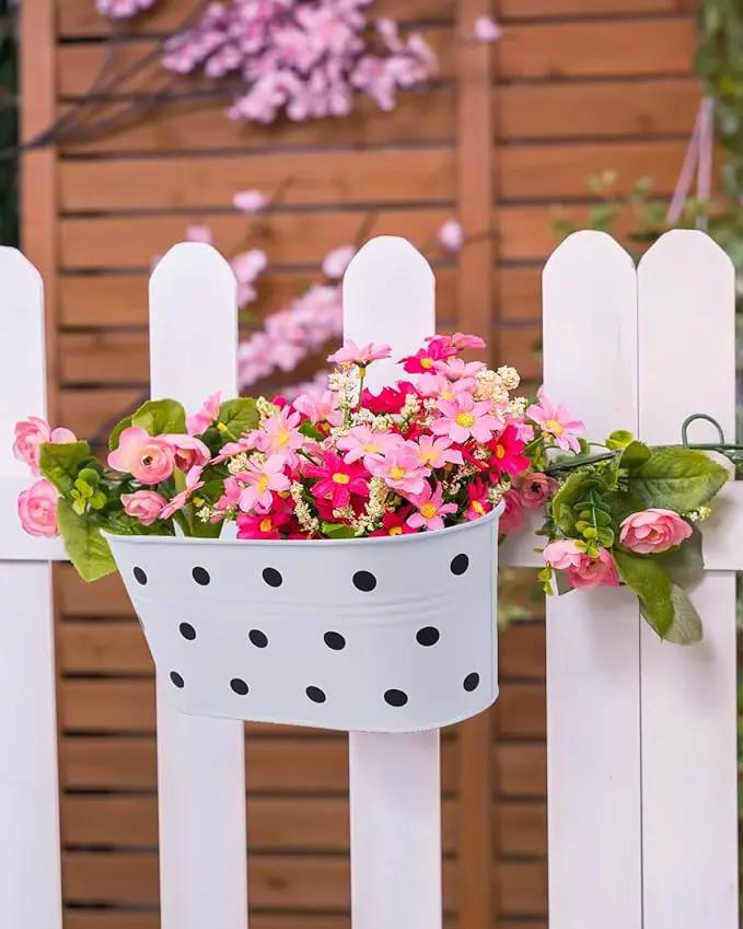 vensovo Metal Railing Planter for Outdoor Plants - 3 Pack Balcony Hanging Flower Pots with Detachable Hooks and Drain Holes Oval Bucket Rail Box Fence Planters for Home Garden Decor, White with Spot by GreenHaven Gardens