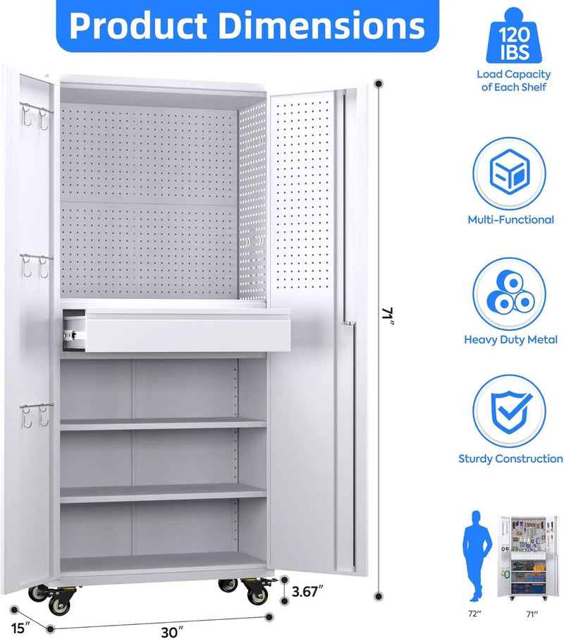 71" H Garage Storage Cabinet with Locking Doors and 2 Adjustable Shelves, Metal Tool Storage Cabinet with Wheels, Drawer, Pegboard and 16 Hooks for Garage, Warehouse, White by GreenHaven Gardens