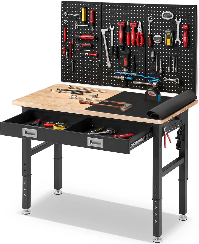 Workbench for Garage with Drawers 48 x 24 Inch Rubberwood Tabletop Work Table with Pegboard, Power Outlets Adjustable Height Work Bench for Woodworking Shop, Home, Office by GreenHaven Gardens