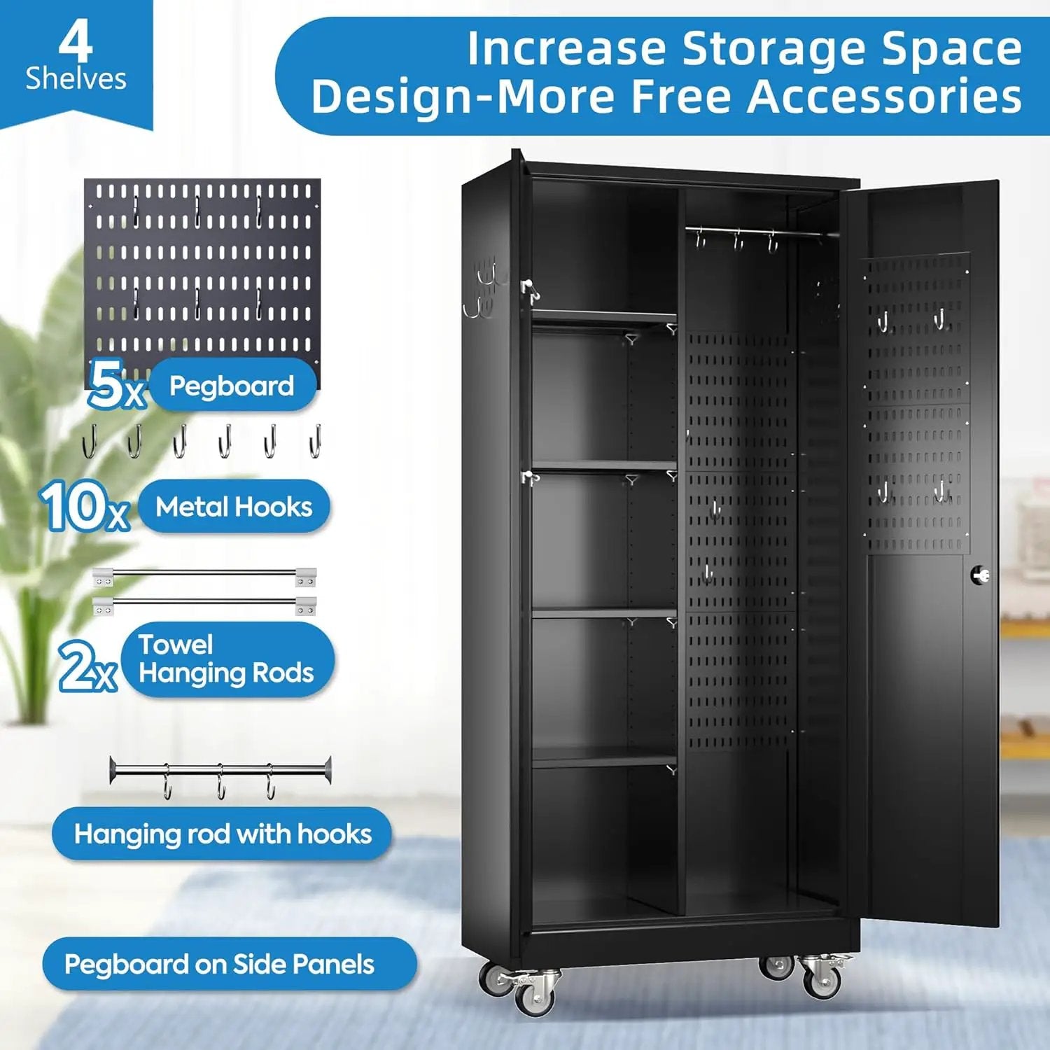 Garage Storage Cabinet with Wheels and 5 Pegboard, 71" H Metal Storage Cabinets with 2 Locking Doors and 4 Shelves, Broom Closet Storage Cabinet with Hanging Rod and 13 Hooks, Black by GreenHaven Gardens