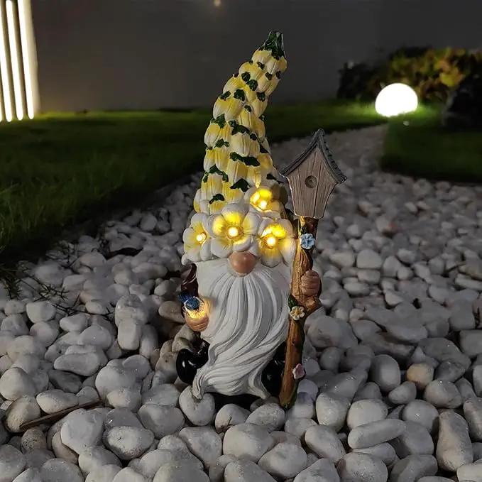 Solar Gnome Statue with Flower Hat - Solar Resin Garden Outdoor Statue Sculpture,Whimsical Gnome Figurine for Woman Gift Home and Garden Decor by GreenHaven Gardens