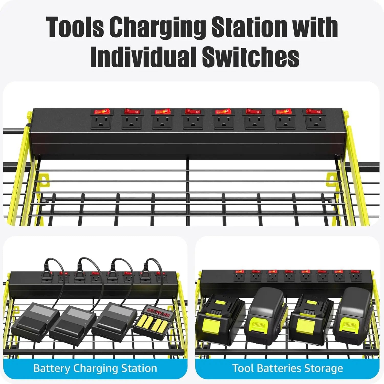 CCCEI Green Power Tool Organizer Wall Mount, Large Tools and Battery Storage Rack Charging Station Individual Switches. Drills Holder, Garage Utility Shelves with 6FT Power Strip. Gift for Men. by GreenHaven Gardens