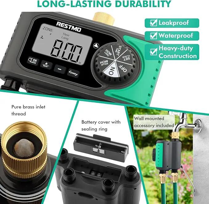 RESTMO 4-Outlet Sprinkler Timer with Brass Inlet, 4 Zone Programmable Water Timer for Garden Hose, Automatic Digital Control | Manual ON/Off | Rain Delay, for Outdoor Faucet, Drip Irrigation and Lawn by GreenHaven Gardens