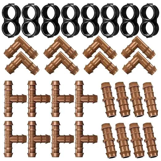 Irrigation Fittings Kit for 1/2 Inch Tubing Include 8 Tees, 8 Couplings, 8 Elbows and 8 End Cap Plugs Drip Irrigation Barbed Connectors, Drip Line Connectors Set by GreenHaven Gardens