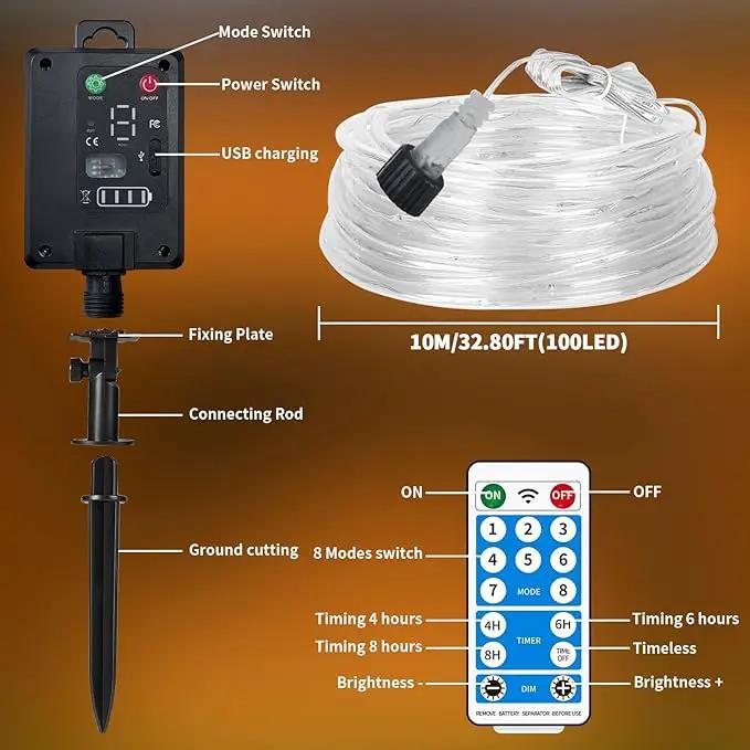 Solar Rope Lights Waterproof 39FT 100LEDs,High Capacity Rechargeable Battery,Dual Charging,Outdoor String Light,Remote-Control,for Pathway Patio Garden Palm Tree Christmas (Brighter - Warm White) by GreenHaven Gardens