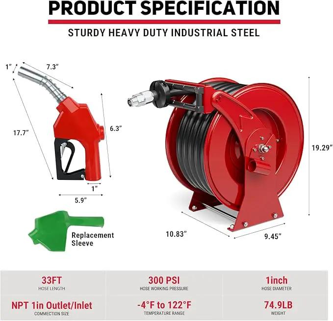 Fuel Hose Reel, 1" x 33' Retractable Diesel Fuel Heavy-duty Steel Construction with Refueling Nozzle, 300 PSI Diesel Reel Used for Aircraft Ship Vehicle Tanker Truck by GreenHaven Gardens