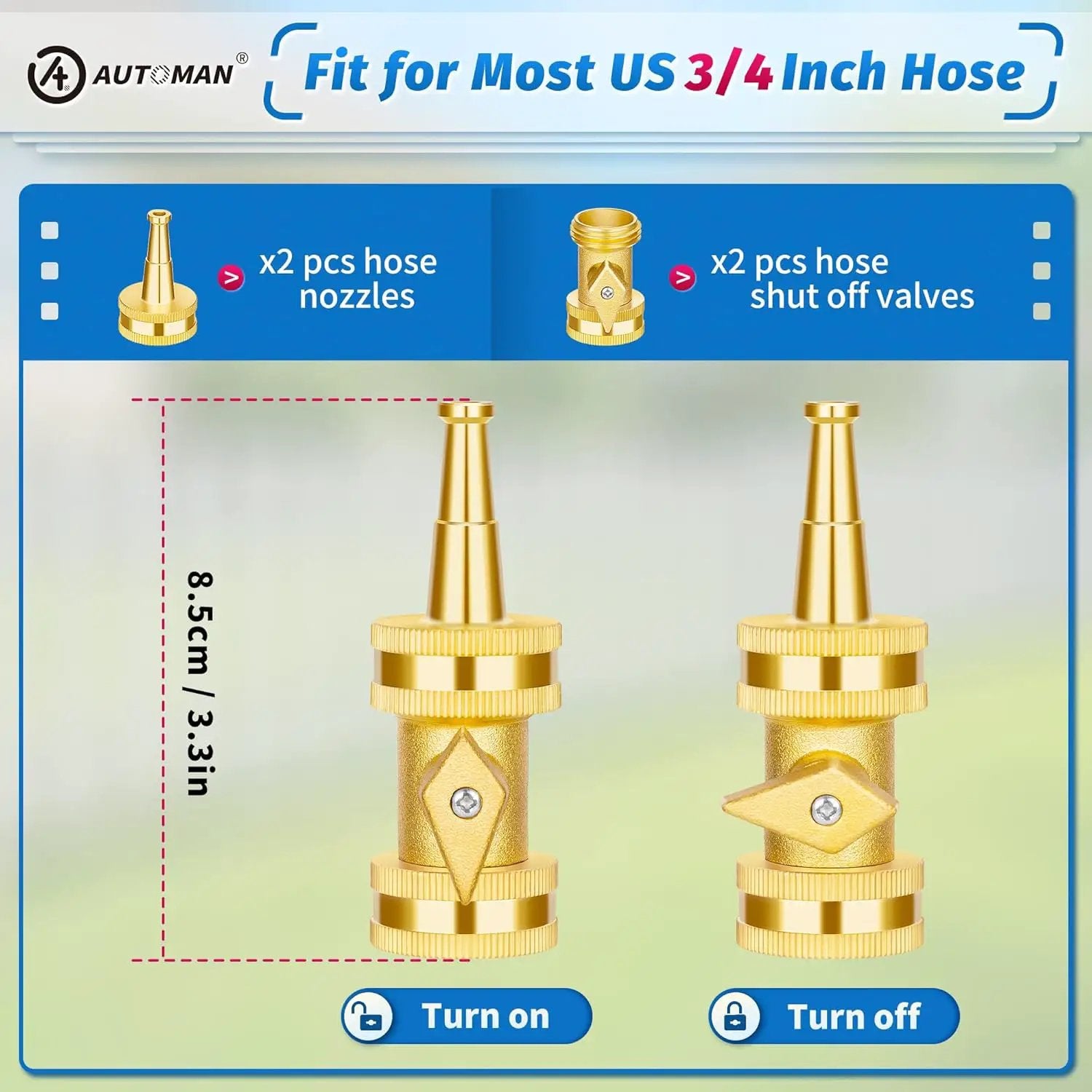AUTOMAN Brass Hose Nozzle - High Pressure Jet Nozzle 4 Count (2 Set), Heavy Duty Water Hose Sprayer Sweeper with Hose Shutoff Valve, 3/4” GHT Nozzles for Garden Hose, Car Wash, Extra 10 Rubber Washers by GreenHaven Gardens