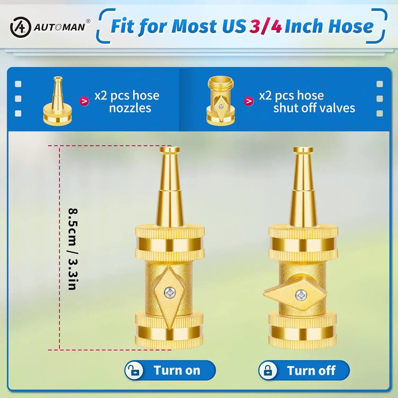 AUTOMAN Brass Hose Nozzle - High Pressure Jet Nozzle 4 Count (2 Set), Heavy Duty Water Hose Sprayer Sweeper with Hose Shutoff Valve, 3/4” GHT Nozzles for Garden Hose, Car Wash, Extra 10 Rubber Washers by GreenHaven Gardens