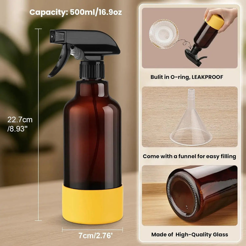 Glass Spray Bottles with Silicone Sleeve 16.9oz 2 Pack Empty Spray Bottle for Hair Mist/Stream Spraying for Cleaning Solutions, Plants, Essential Oils (Brown-grey&yellow) by GreenHaven Gardens
