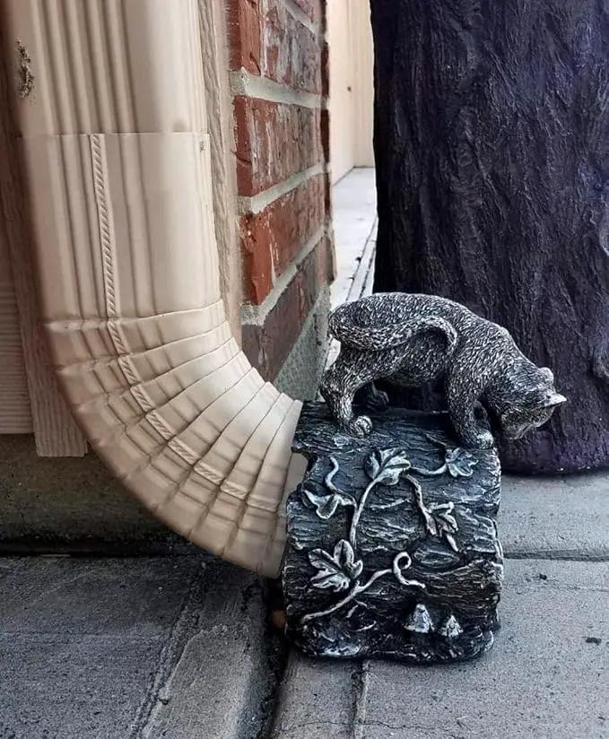 Gutter Downspout Extension - Downspout Splash Block - Downspout Diverter Garden Statue (Playful Chasing Kitty and Frog) by GreenHaven Gardens