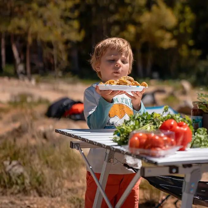 PORTAL Outdoor Folding Portable Picnic Camping Table with Adjustable Height Aluminum Roll Up Table Top Mesh Layer, Silver by GreenHaven Gardens