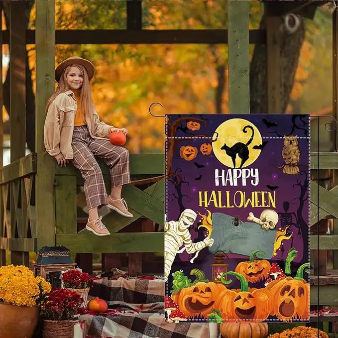 Happy Halloween Garden Flag Halloween SpookyGhost Skeleton Bats Garden Flag 12x18 inch Double Sided Holiday Decorations for Yard Outside Lawn (Flay 1811) by GreenHaven Gardens