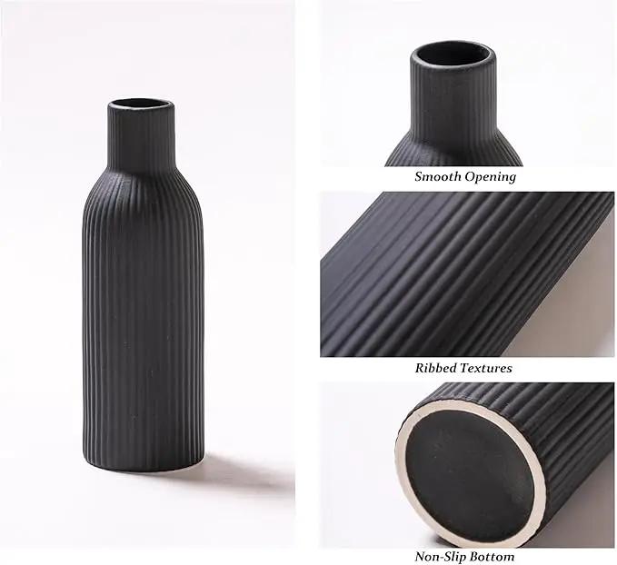 Ceramic Vase Set of 3, Flower Vases for Spring Room Decor, Kitchen Farmhouse, Modern Boho Style(Khaki/Black/Grey) by GreenHaven Gardens