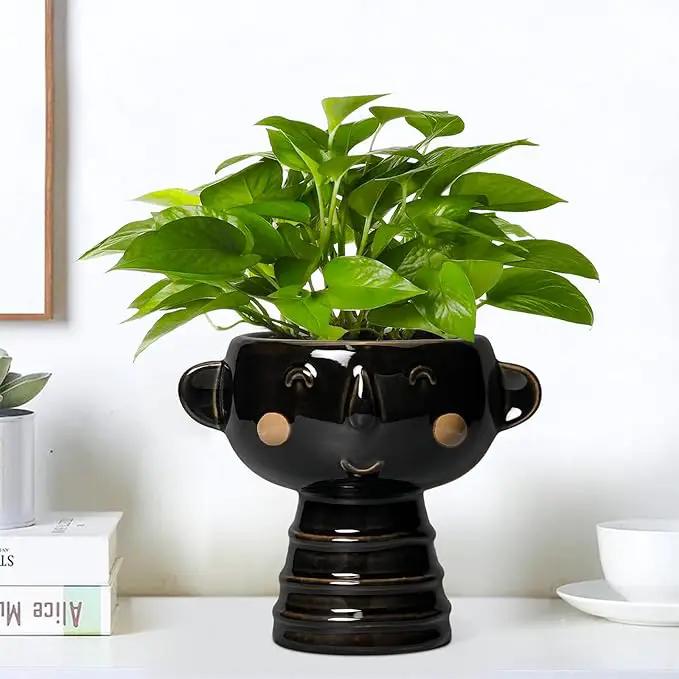 Face Planter - 7 Inch Ceramic Head Planters for Indoor Plants Outdoor, Cute Succulent Pots with Drainage Hole, Decorative Plant Pot, Home Office Room Decor, Black by GreenHaven Gardens