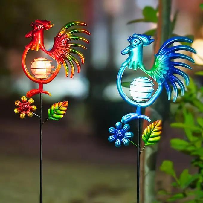 Rooster Solar Garden Lights, 2 Pack Metal Solar Stake Light, 27" H Outdoor Chicken Statues Figurine Lights for Spring Garden Lawn Patio Yard Decoration by GreenHaven Gardens