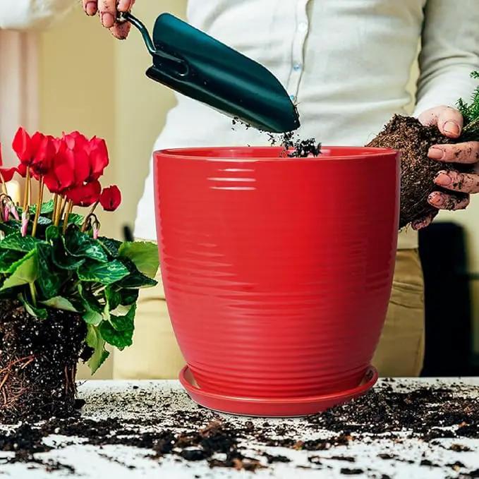 Ceramic Pot for Plants 12 Inch - Plant Pot Indoor with Drainage Hole and Saucer Round Large Planter for Outdoor Plants Mid Century Modern Flower Pot for Home Decor Red by GreenHaven Gardens