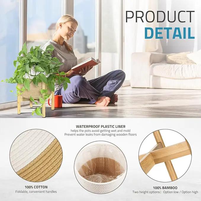 PAULINN Plant Basket with Stand 2 Packs, 11" x 11" & 9" x 9" Woven Plant Basket with Bamboo Stand, for Indoor Plants, Fits 10" x 10" & 8" x 8" Plant Pots by GreenHaven Gardens
