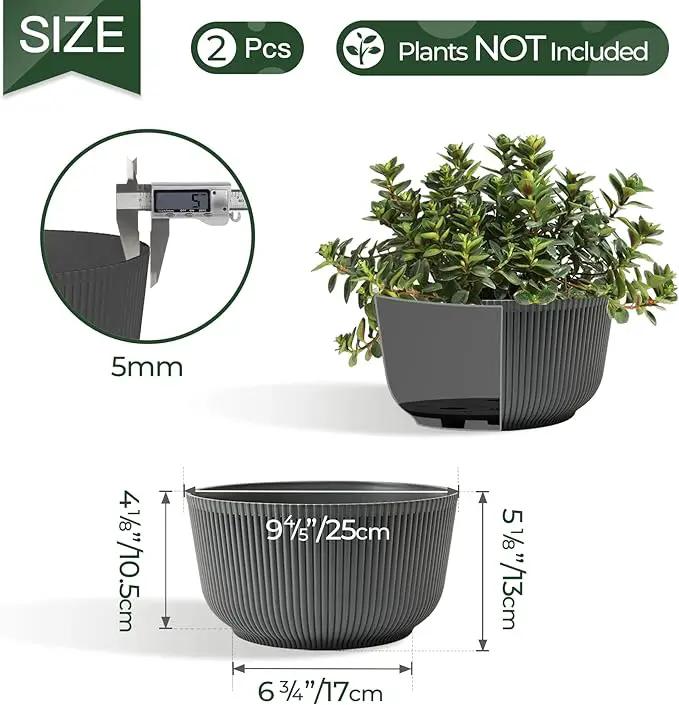 T4U 10 Inch Self Watering Planters, Plant Pots for Indoor and Outdoor Use, Home Decor Flower Pots, Plastic Planters with Drainage Hole & Plug for Plants, Flowers, Cactus, Garden, Set of 2, Gray by GreenHaven Gardens