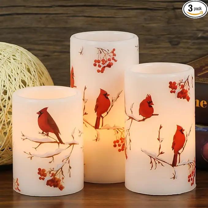 Cardinal Flameless Candles, 3 Pack LED Flickering Pillar Candles with Red Bird Decals, Real Wax Cardinal Home Decor for Halloween Christmas Decor(D3” x H4”5”6”) by GreenHaven Gardens
