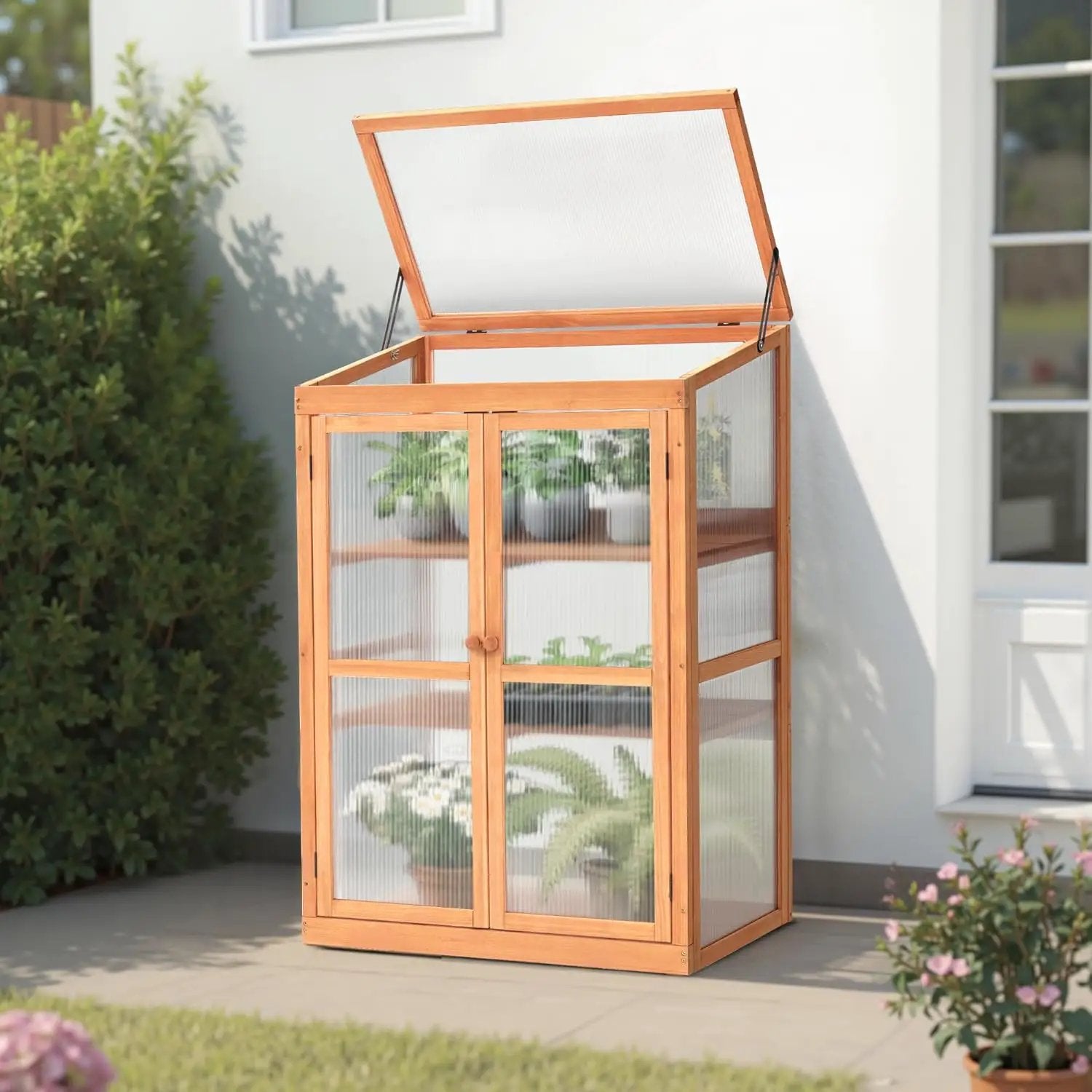 MCombo Wooden Cold Frame Greenhouse, Raised Flower Planter Shelf Protection for Outdoor Indoor Use, 0760 (Orange) by GreenHaven Gardens