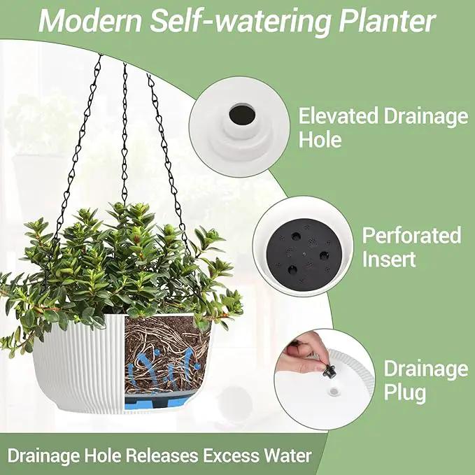 T4U Hanging Planter Self Watering 8 Inch, 2 Pack White Indoor Outdoor Hanging Plant pots, Hanging Flower Pot with Drainage Hole & Plug & Chain with 3 Hooks for Garden Home Decor by GreenHaven Gardens