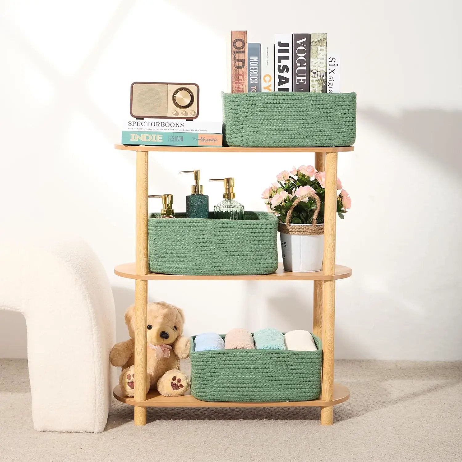 Small Storage Baskets for Organizing | Closet Organizer Bins | Shelf Toy Basket | Woven Rope Baskets | Cube Decorative Box | Shallow Basket | 13x8.5x5.1” | 3 Packs Green by GreenHaven Gardens