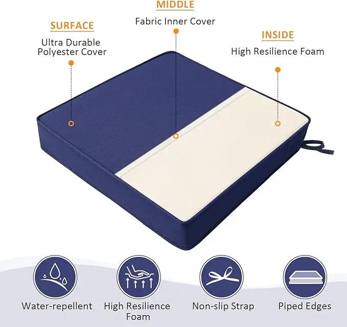 Square Corner Seat Cushions, 18.5" x 16" x 3", Set of 4, Indoor Outdoor Water Repellent Universal Chair Pads with Ties for Patio Furniture, Garden Deck Dining Chairs, Navy by GreenHaven Gardens