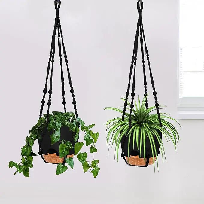 GARDIFE 8 Inch Hanging Planters with Macrame Plant Hanger for Indoor and Outdoor Plants, 2 Pack Large Self Watering Hanging Plant Pot with Basket Flower Pot with Drainage Hole, Black by GreenHaven Gardens