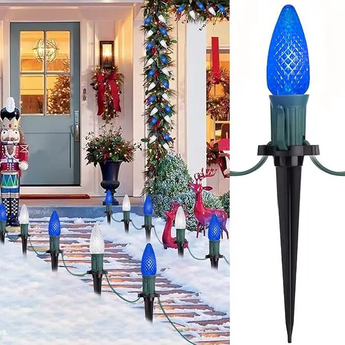 C9 LED Christmas Lights Outdoor with stakes, 25.7ft 20 LED Strawberry String Lights, Connectable Shatterproof Pathway Lights Marker for Path, Lane, Patio, Xmas Holiday Decorations, Blue and White by GreenHaven Gardens