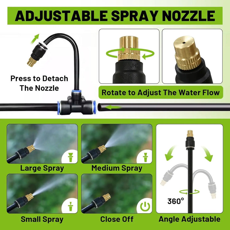 Drip Irrigation Kit - 100 FT. Hose Sprinkler System with 360° nozzles and T-connectors for Gardens, lawns, Plants, Flower beds, Trees, patios and hydroponics (Closeable nozzle-28) by GreenHaven Gardens