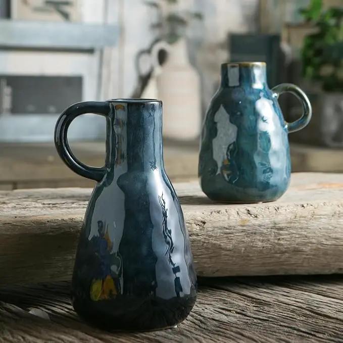 Ceramic Vase Set of 2, Blue Glazed Small Pottery Vases with Handles, Decorative Clay Vase Modern Farmhouse Decor, Centerpiece Dining Table Decorations Porcelain by GreenHaven Gardens