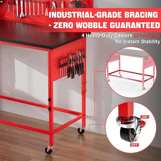 47" Heavy Duty Adjustable Workbench with Power Outlets, Pegboard & Locking Wheels - 2100LB Capacity Garage Work Table, Compatible with Milwaukee Battery, Reinforced Steel Frame for Workshop & Home Use by GreenHaven Gardens