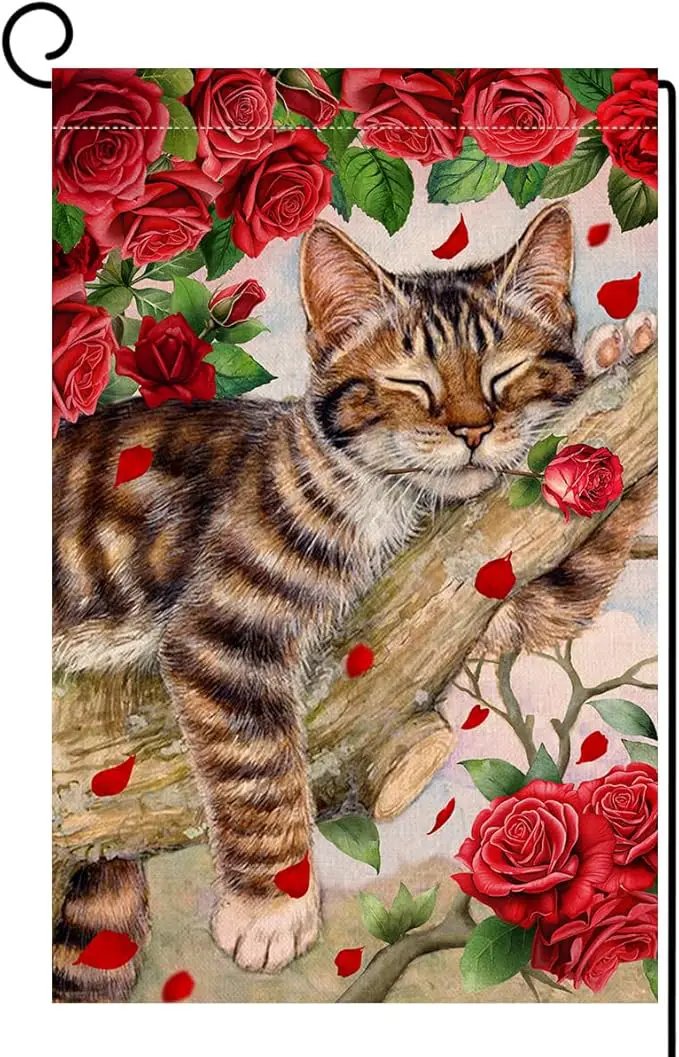 BLKWHT Valentines Cat Garden Flag 12x18 Vertical Double Sided Red Roses Spring Farmhouse Holiday Outside Decorations Burlap Yard Flag BW757 by GreenHaven Gardens
