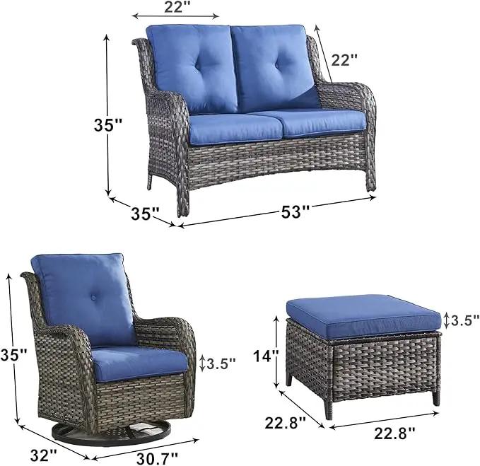 Outdoor Wicker Patio Furniture Set - 5 Piece Rattan Patio Conversation Set with 2 Rocking Swivel Chairs,2 Ottomans and 1 Loveseat for Porch Deck Backyard Garden(Mixed Grey/Blue) by GreenHaven Gardens