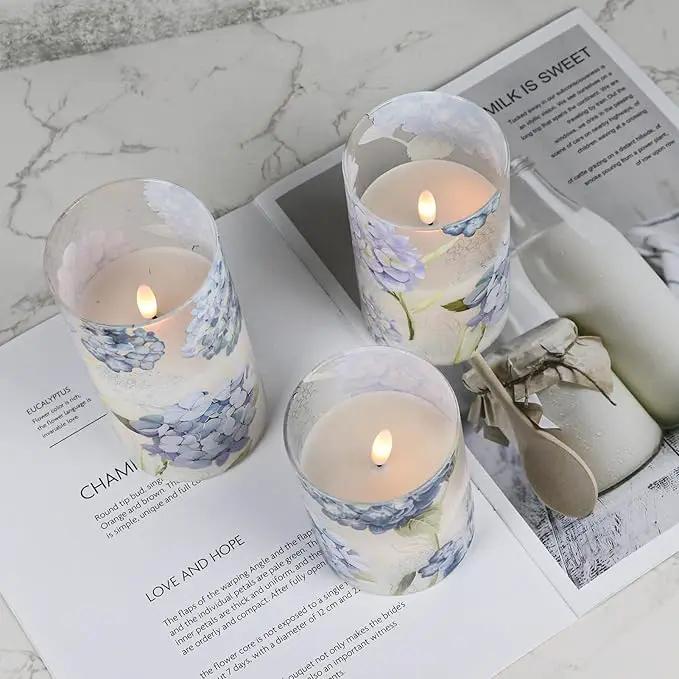 Hydrangea Flameless Candles Flickering, Spring LED Battery Operated Candles with Remote Timer, Glass and Real Wax Pillar Candles for Garden Home Decor(Set of 3, D3 xH4 5" 6") by GreenHaven Gardens