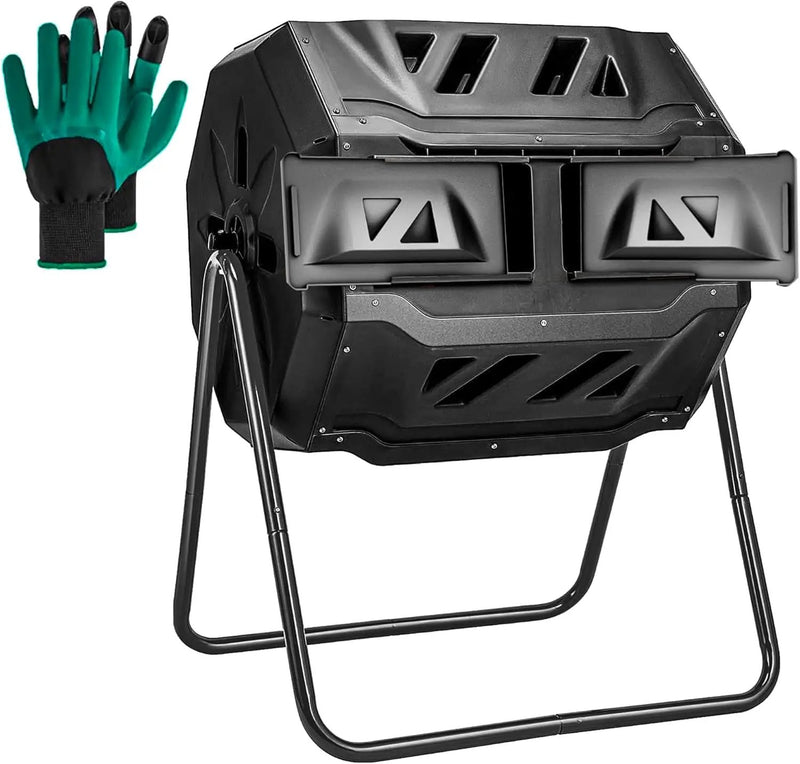 Hourleey Compost Bin Outdoor, 43 Gallon Dual Chamber Tumbling Composting Bin with Sliding Doors, Tumbler Rotating Batch Composter Bin for Garden Kitchen Yard by GreenHaven Gardens