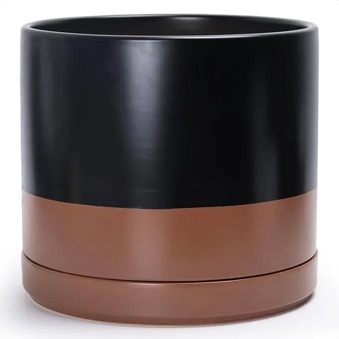 D'vine Dev 14 Inch Ceramic Planter Pot with Drainage Hole and Saucer, Indoor Cylinder Round Planter Pot, Black/Speckled Tan, 94-O-G-7 by GreenHaven Gardens