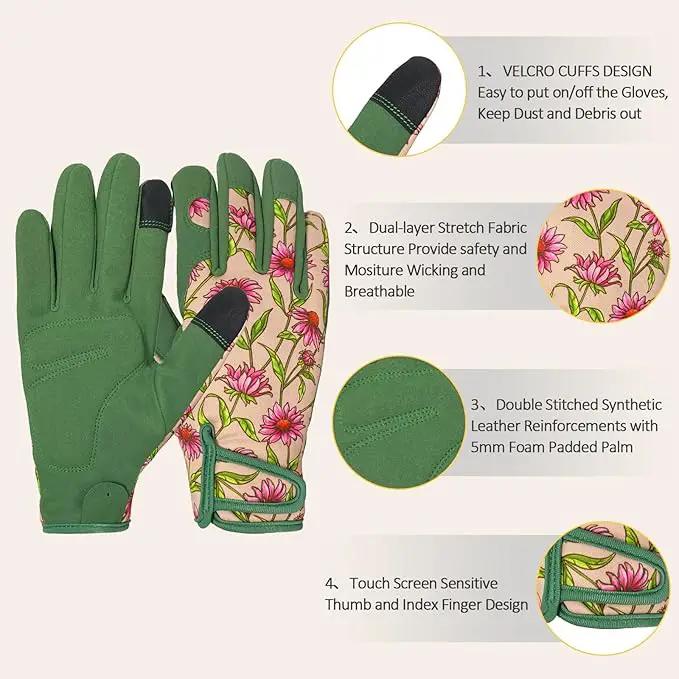 Gardening Gloves for Women, Garden Gloves with Touch Screen, Thorn Proof Puncture Resistant Working Gloves, Gardening Gifts for Women (Green with Pink Flowers, Medium) by GreenHaven Gardens
