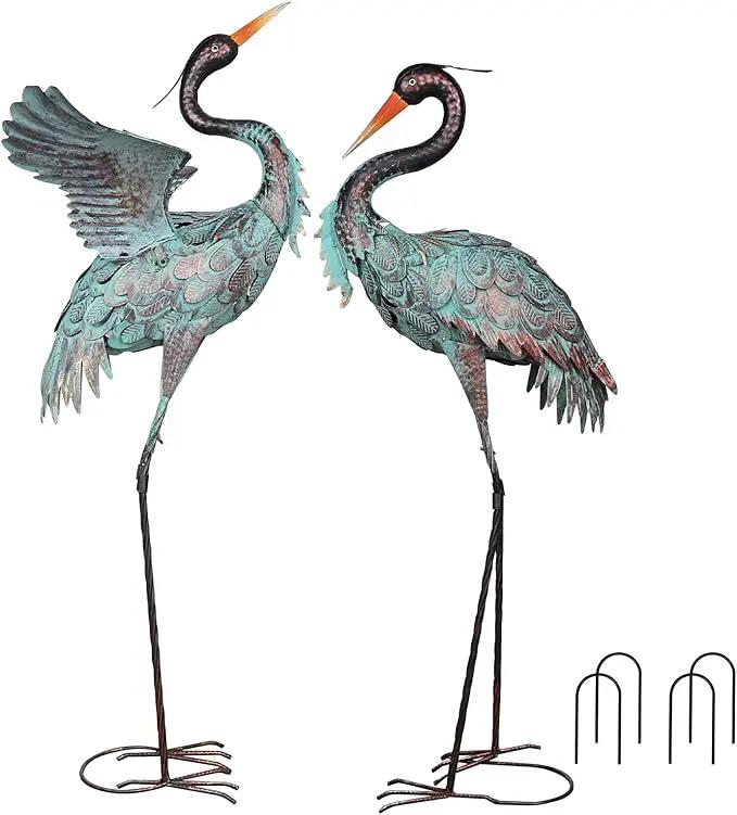 YEAHOME Garden Decor Outdoor Statues, 38"/36" Large Metal Heron Standing Yard Art, Blue Crane Lawn Sculptures Garden Decor for Outside Patio Porch Backyard, Set of 2 by GreenHaven Gardens