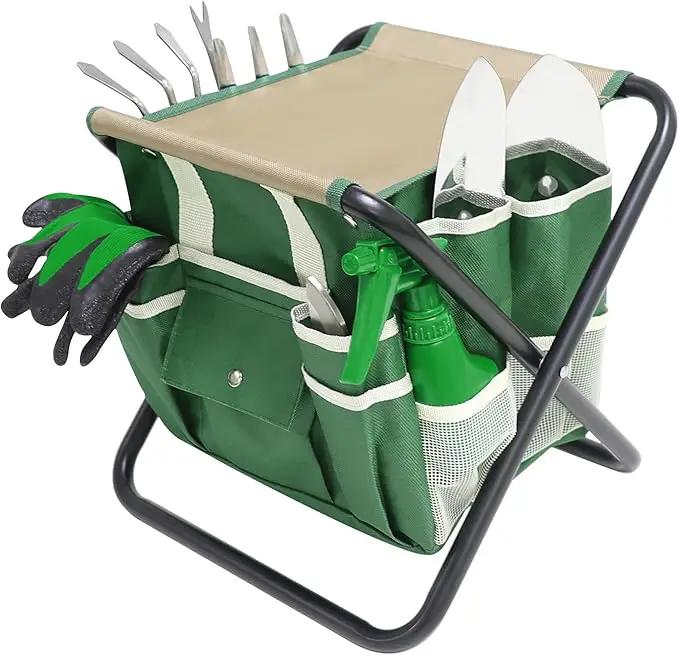 Garden Tool Set, 10 Piece Kit with Heavy Duty Folding Stool, Detachable Storage Tote Bag, Stainless Steel Tools, Gifts for Women Men Green by GreenHaven Gardens