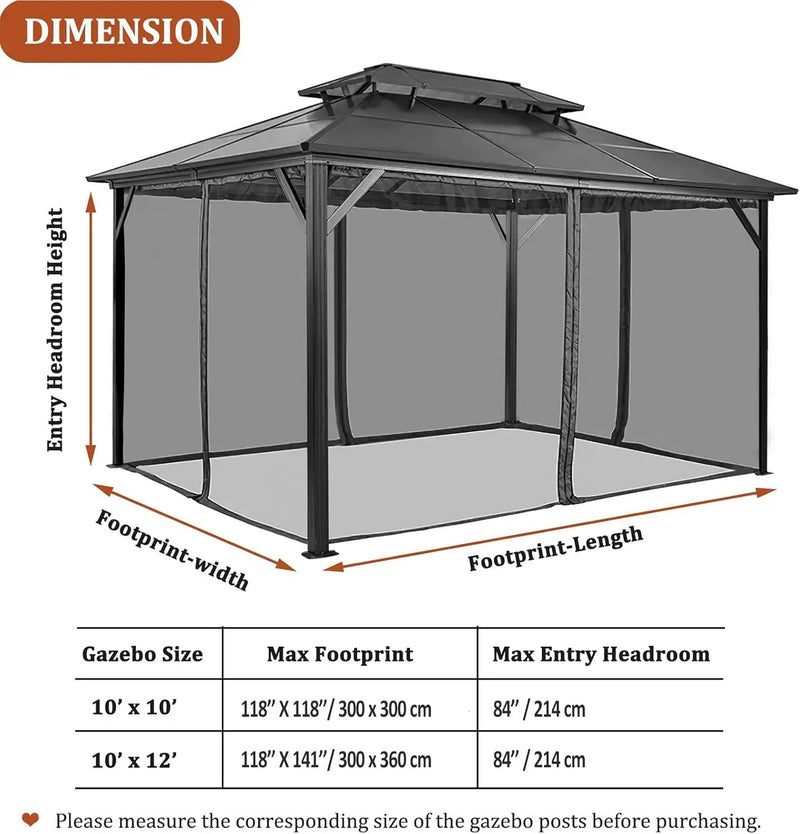 Gazebo Mosquito Netting Replacement 10' x 12' x 7'1'', Universal 4-Panel Screen Sidewall with Zipper, Black (Mosquito Net Only) by GreenHaven Gardens