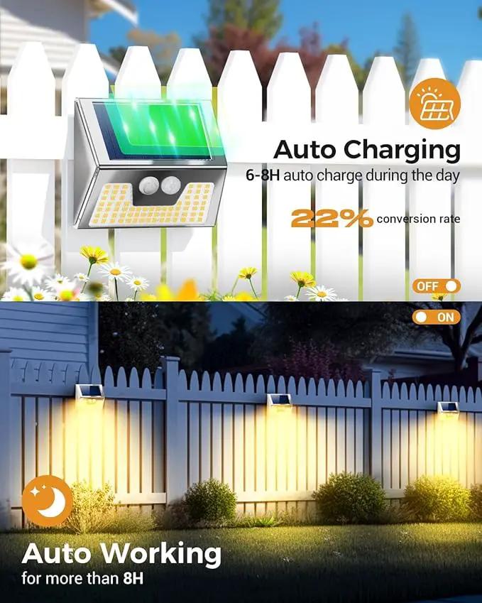 12 Pack Solar Lights Outdoor Motion Sensor, Waterproof Fence Lights 3 Lighting Mode, Warm White LED Outside Lights Wireless for Fence Wall Yard Steps Stairs Garden - Stainless Steel by GreenHaven Gardens