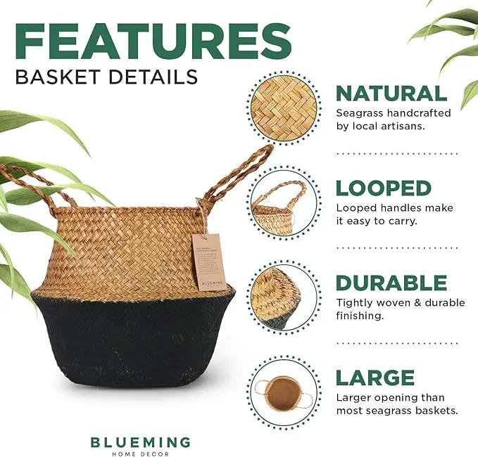Basket Planter – Woven Seagrass Plant Pot for Tall Indoor Artificial Plants, Wicker Rattan Planters for Boho Decor 9-10 Inches (Black Bottom, Large) by GreenHaven Gardens