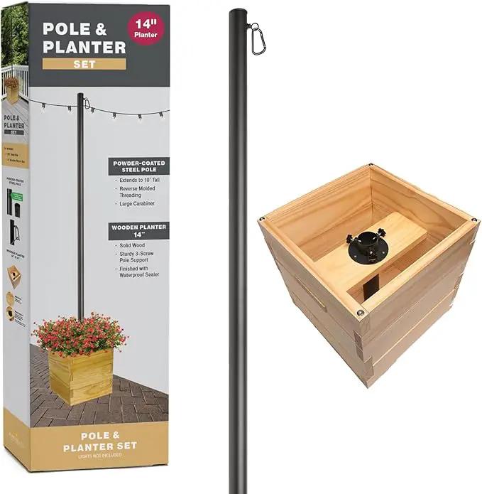 Excello Global Products Wooden Planter Box Set with 10' String Light Pole - 14"x14", Ready to Assemble. by GreenHaven Gardens