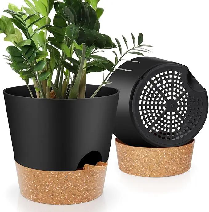 10-Inch Plant Pots, Self-Watering Planters with Drainage Holes & Saucers for Indoor and Outdoor Plants (2-Pack, Black) by GreenHaven Gardens