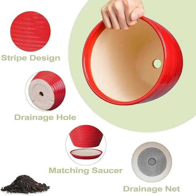 Ceramic Pot for Plants - 8 Inch Plant Pot for Indoor Plants Outdoor Round Planter Modern Flower Pot with Drainage Hole and Saucer Home Garden Office Porch Decor Red by GreenHaven Gardens