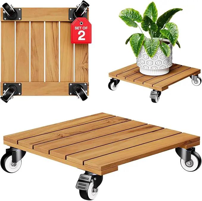Idzo 2-Pack 12 Inch Acacia Wood Rolling Square Plant Caddy for Plant Pots, Heavy Duty Plant Stand with 360° Lockable Wheels, 264 lbs Capacity Caddy for Indoor and Outdoor Use, Natural Wood by GreenHaven Gardens